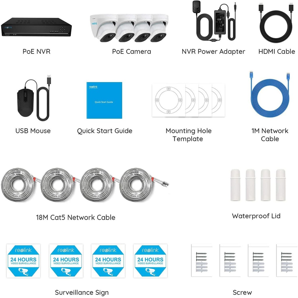 KIT Vidéosurveillance REOLINK Intelligente 4 caméras 4k 5MP NVR 8 ports POE